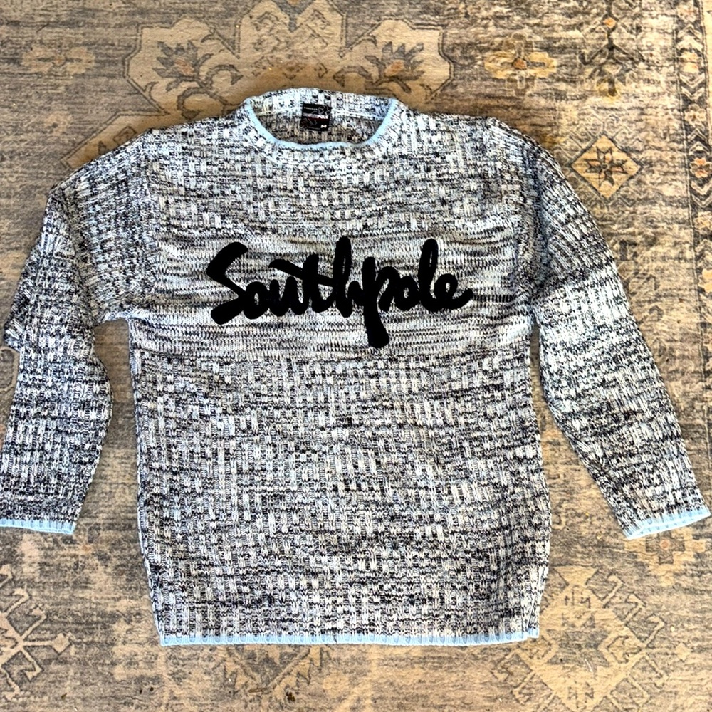 Vintage Y2K Southpole Knit Sweater Mens Size Medium Blue Big Front Logo Casual